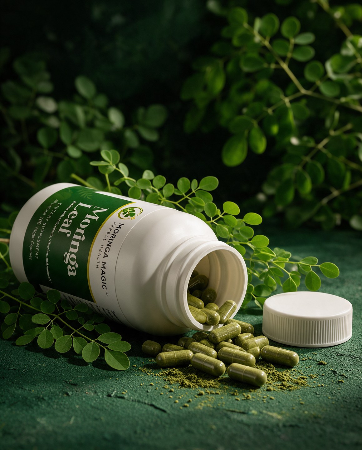 Moringa Magic capsules spilling from the bottle