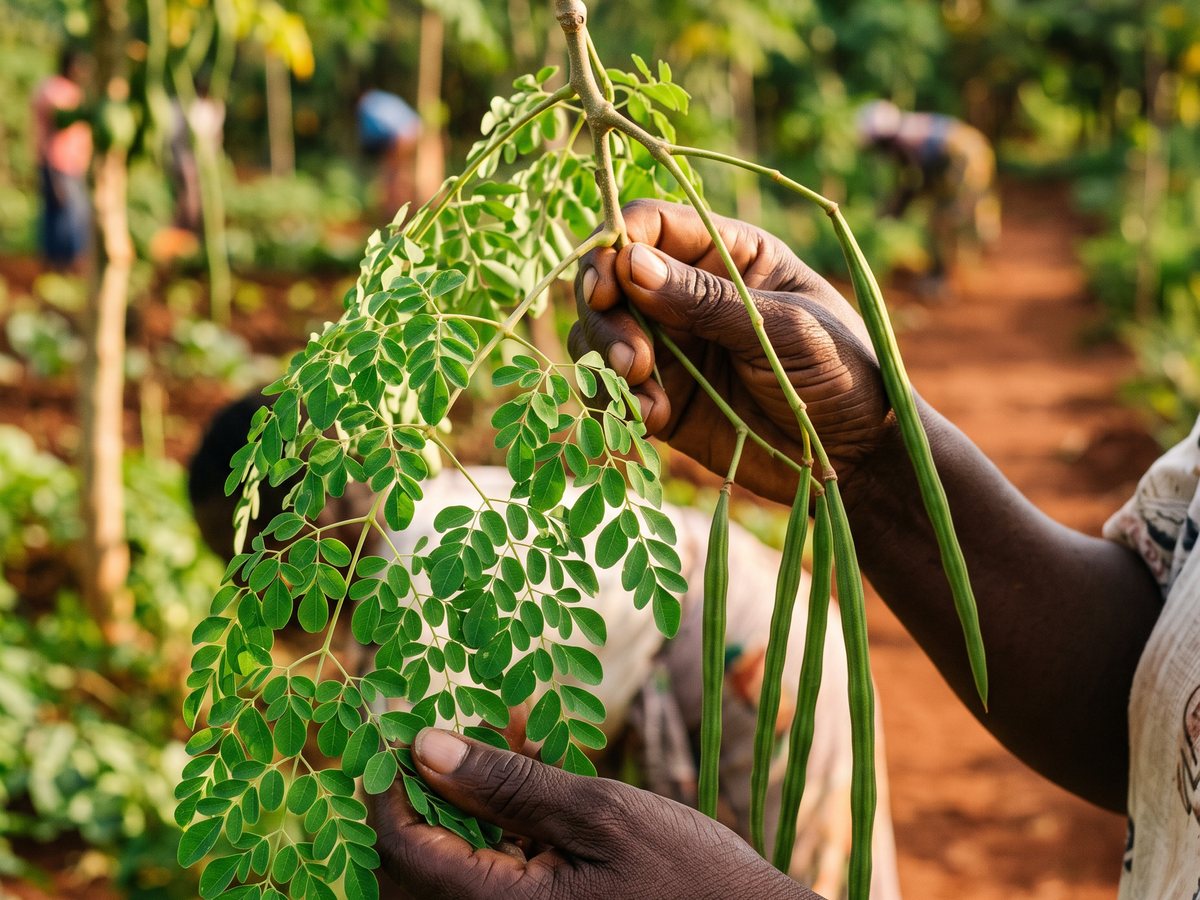 Hands holding moringa leaves and pods in a field of moringa trees