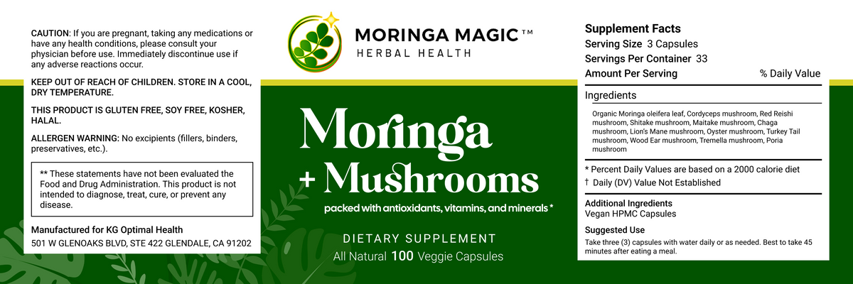 Moringa + Mushrooms label